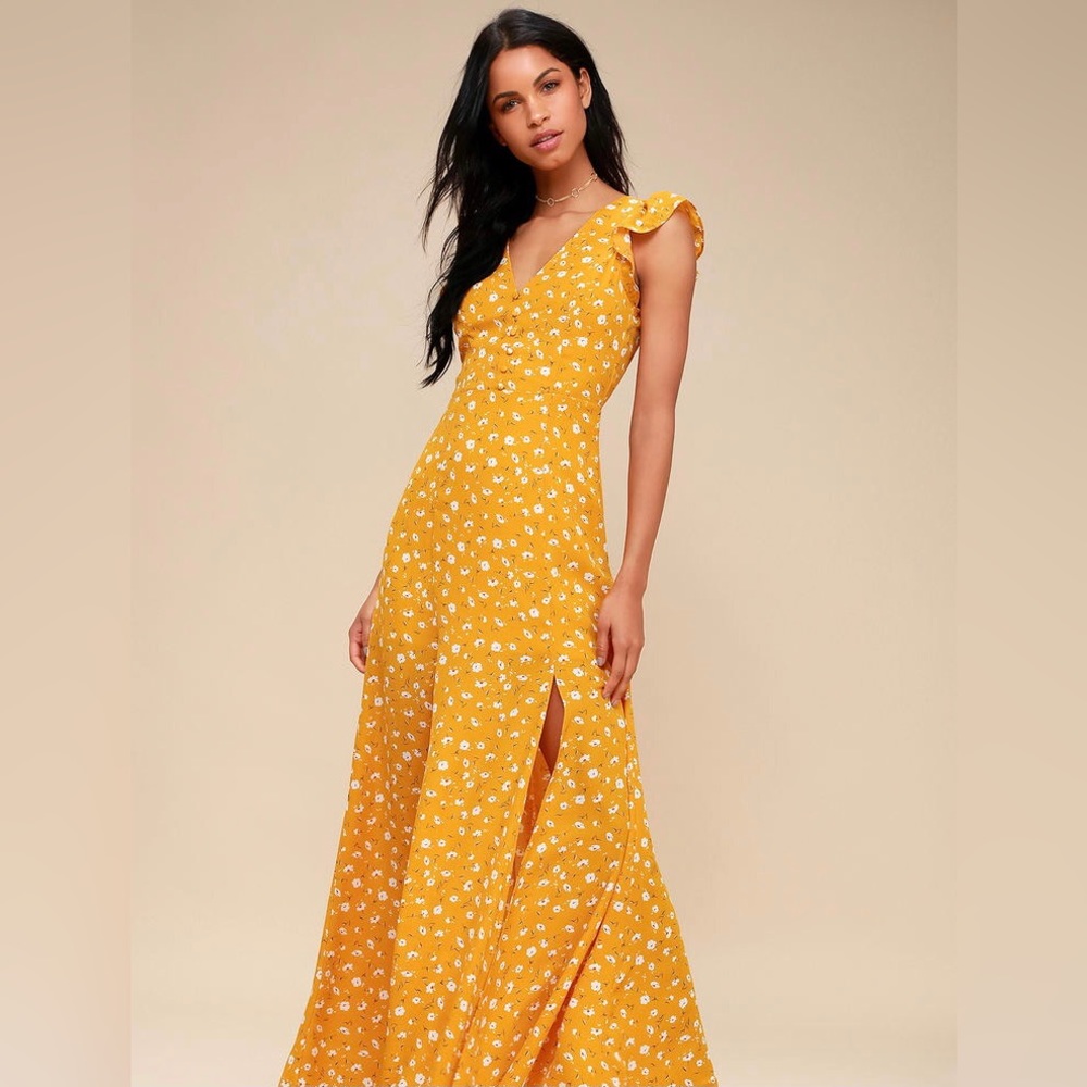 Lulu’s Mustard Yellow Floral Print Backless Maxi Dress - Size Small